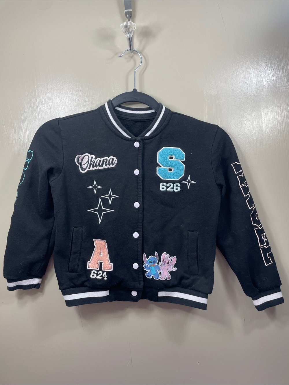 Disney Stitch Angel Varsity Jacket Black Girls Fleece Bomber Ohana 626‎ Coat